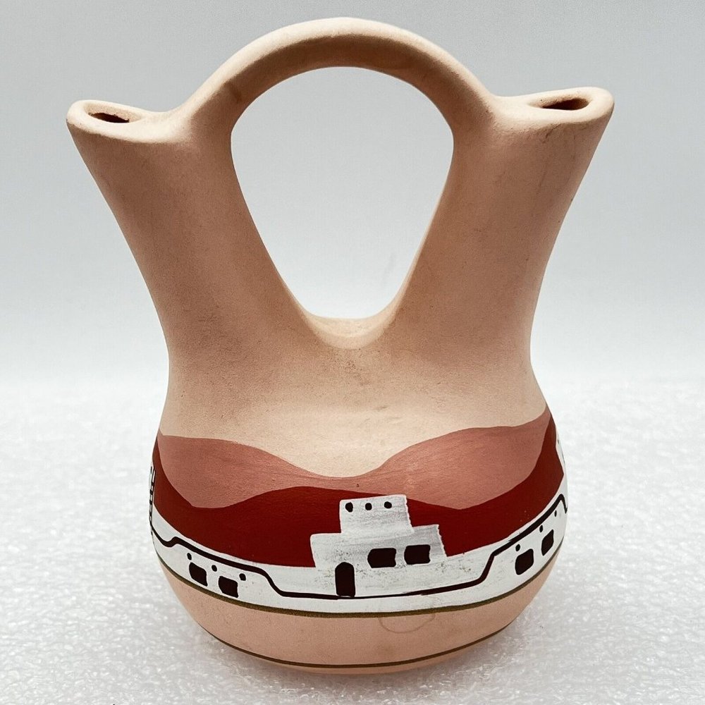Vintage Southwestern Hand Painted Clay Pottery Wedding Vase 1980's TESA USA 6.5"